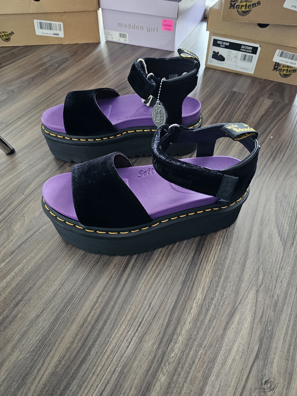 Dr. Martens Strap Sandal X-Girl Black Velvet Sandals with Purple Footbed US8
